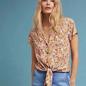 Anthropologie Maeve Button Down Shirt Citrus Floral Tie Front